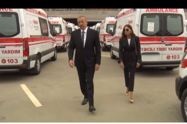 President Ilham Aliyev and first lady Mehriban Aliyeva viewed new ambulance vans delivered to Azerbaijan VİDEO