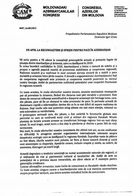 Moldova Azərbaycanlıları Konqresi beynəlxalq ictimaiyyəti Azərbaycanın haqlı mövqeyini müdafiə etməyə çağırıb