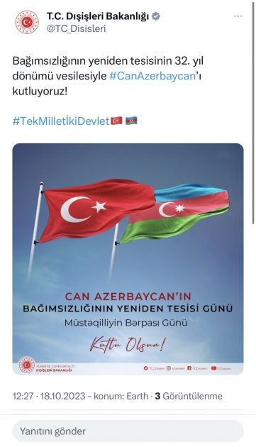 Türkiyə rəsmiləri Müstəqilliyin Bərpası Günü münasibətilə Azərbaycanı təbrik ediblər